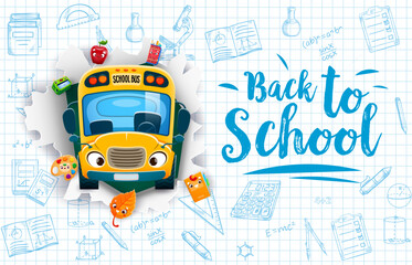 Back to school banner with turned paper, cartoon yellow bus and school supply characters. Vector pencil case, sharpener, paint palette, textbook, apple and autumn leaf on chequered sheet with sketches