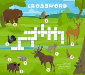 Crossword quiz game. Forest hunting animals and birds. Crossword quiz, word search riddle vector worksheet or vocabulary playing activity with bear, duck, capercaillie, deer and wolf, hare animals