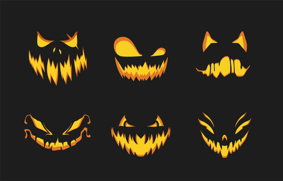 Naklejki Set of Halloween horror emoticons. Fear and horror, scary international holiday. Face silhouettes with emotions. Devil and demon. Cartoon flat vector collection isolated on black background