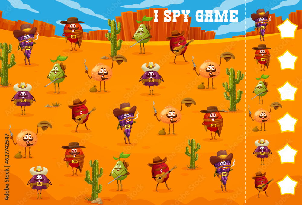Poster wild west i spy game, cartoon cowboy, bandit and ranger fruit characters, vector kids worksheet. pea
