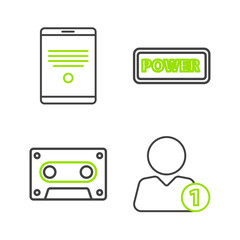 Set line Add to friend, Retro audio cassette tape, Power button and Tablet icon. Vector