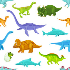 Cute aquatic and land dinosaurs cartoon personages seamless pattern. Fabric vector seamless print with Raptor, Centrosaurus, Triceratops and Lambeosaurus, Plesiosaurus, Elasmosaurus dino personage