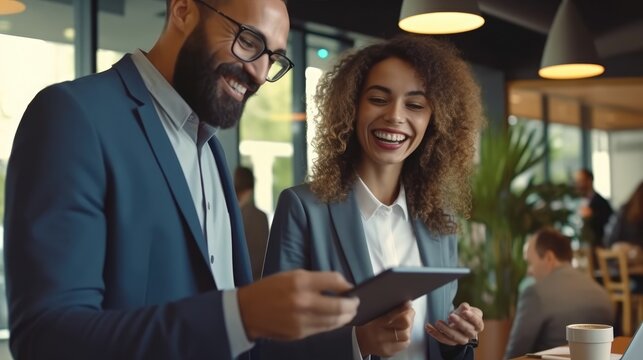 Two diverse business team people talking and working in office on corporate project at meeting. Generative AI