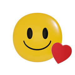 3D illustration of a "smile" emoji in yellow with a happy expression with a red heart beside it. Fun social media art. Internet reactions.