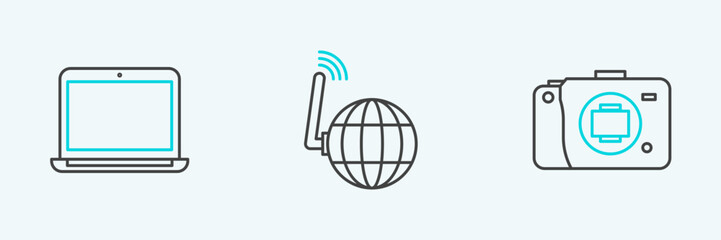 Set line Mirrorless camera, Laptop and Social network icon. Vector