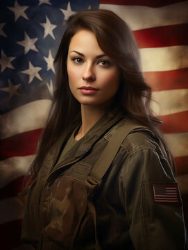 young woman american soldier in front of the flag, USA flag, union flag, veterans from the war, soldier in uniform, golf war, armed conflict, GI, woman in troup