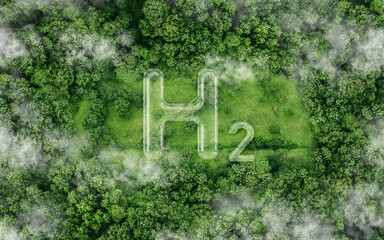H2 symbol on the green in the forest. Green Energy Hydrogen or eco-technology Renewable Clean...