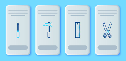 Set line Claw hammer, Ruler, Screwdriver and Scissors icon. Vector