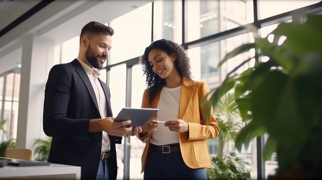 Two diverse business team people talking and working in office on corporate project at meeting. Generative AI