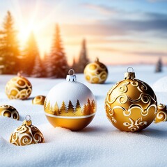 white and gold Christmas background with fir twigs and balls. Christmas balls with snowflakes and branches on colored background, created with generative ai