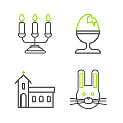 Set line Easter rabbit, Church building, Chicken egg on stand and Candelabrum with candlesticks icon. Vector
