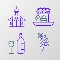 Set line Willow leaf, Wine bottle with glass, Easter cake and eggs and Church building icon. Vector