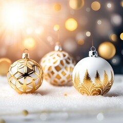 white and gold Christmas background with fir twigs and balls. Christmas balls with snowflakes and branches on colored background, created with generative ai