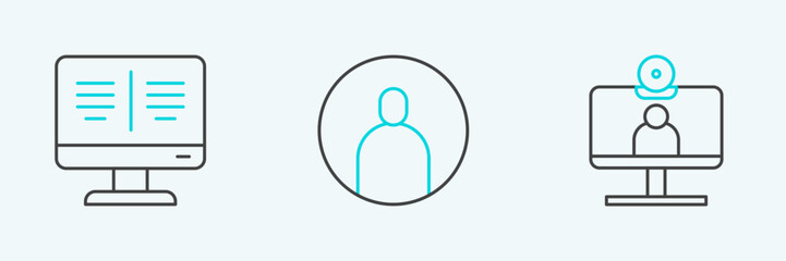 Set line Video chat conference, Online book monitor and Create account screen icon. Vector