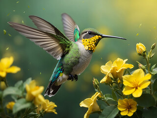 Fototapeta premium Free photo green and gray humming bird flying over yellow flowers.