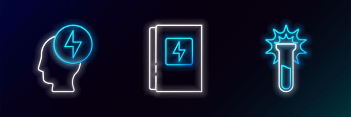 Set line Test tube and flask, Head electric symbol and Electrical panel icon. Glowing neon. Vector