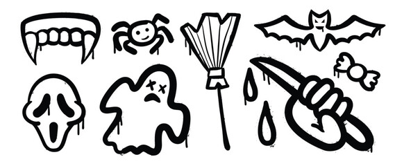 Set of graffiti spray pattern. Collection of halloween symbols, ghost, skull, candy, bat, knife, spider with spray texture. Elements on white background for sticker, banner, decoration, street art.