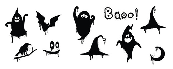 Set of graffiti spray pattern. Collection of halloween symbols, ghost, bat, hat, moon, eye, bird with spray texture. Elements on white background for sticker, banner, decoration, street art.