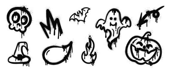 Set of graffiti spray pattern. Collection of halloween symbols, ghost, hat, bat, skull, crown, pumpkin with spray texture. Elements on white background for sticker, banner, decoration, street art. © TWINS DESIGN STUDIO