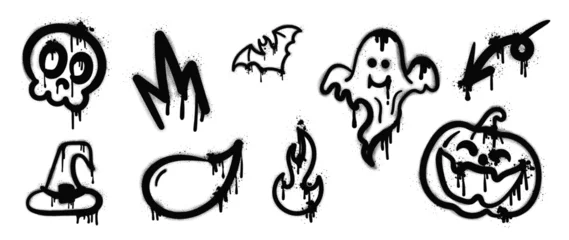 Foto auf Alu-Dibond Set of graffiti spray pattern. Collection of halloween symbols, ghost, hat, bat, skull, crown, pumpkin with spray texture. Elements on white background for sticker, banner, decoration, street art. © TWINS DESIGN STUDIO