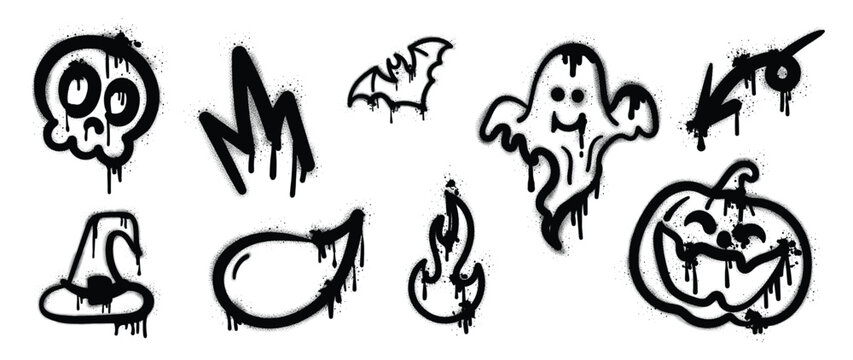 Set of graffiti spray pattern. Collection of halloween symbols, ghost, hat, bat, skull, crown, pumpkin with spray texture. Elements on white background for sticker, banner, decoration, street art.