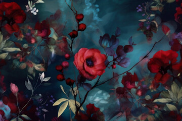 burgundy nature flower vintage dark art decoration peony bouquet wallpaper background. Generative AI.