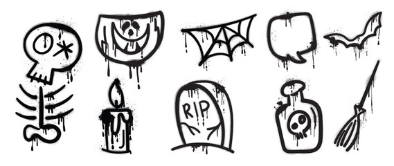 Set of graffiti spray pattern. Collection of halloween symbols, skull, bat, candle, speech bubble, swab with spray texture. Elements on white background for sticker, banner, decoration, street art.