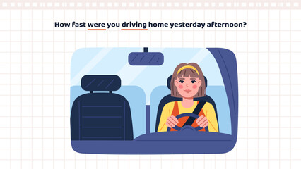Basic English Grammar. Past continuous tense. Were you driving home. Educational poster with character in car. Studying question form in past progressive tense. Cartoon flat vector illustration - obrazy, fototapety, plakaty