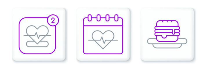 Set line Junk food, Mobile with heart rate and Heart icon. Vector