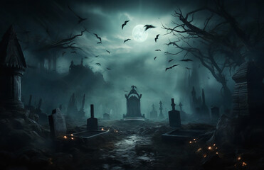 Scary halloween gravestones in front of forest cemetery at night halloween background