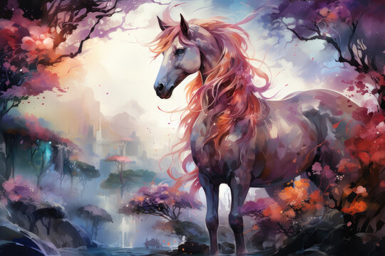 A watercolor Unicorn wandering through a fantastical and dreamlike city, where gravity is defied, and architecture seems to shift like sand, Generative Ai
