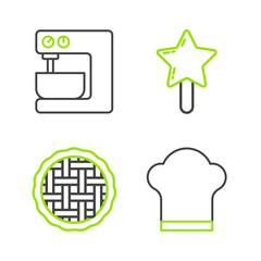 Set line Chef hat, Homemade pie, Lollipop and Electric mixer icon. Vector