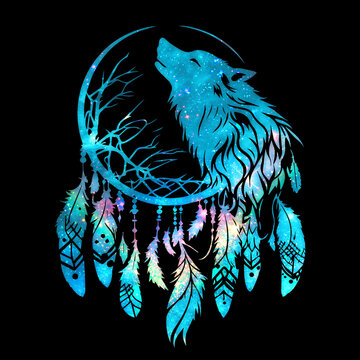 Dream catcher, dreamcatcher, wolf, spirit animal, isolated on black background