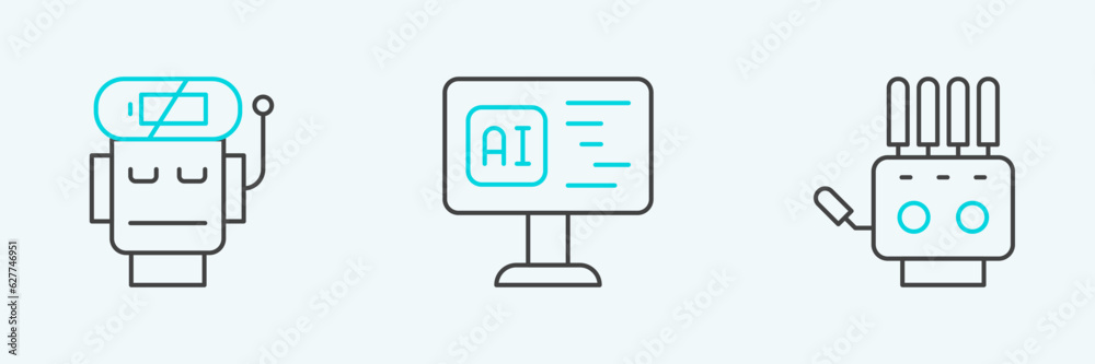 Poster set line mechanical robot hand, robot low battery charge and software icon. vector