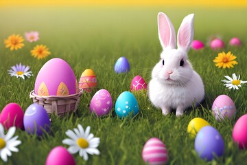 Fototapeta premium easter bunny and easter eggs, generative ai