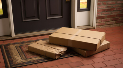 Delivered parcels on door mat near entrance.