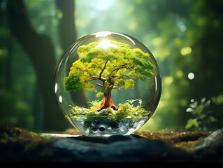 Maple tree growing in a glass orb, forest background, dynamic lights, hyper detailed, ultra realistic