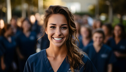 Fototapeta premium Nursing student standing with her team in hospital, dressed in scrubs