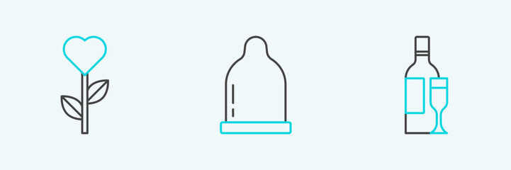 Set line Champagne bottle, Heart shape in flower and Condom icon. Vector