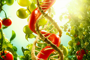Helix DNA strand of GMO food. Genetically modified crop, biotechnology and agricultural engineering to fruit and vegetable. - obrazy, fototapety, plakaty