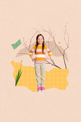 Fototapeta na wymiar Vertical template collage of funny little cute schoolgirl posing outdoors plants trees have fun sale season isolated on beige background
