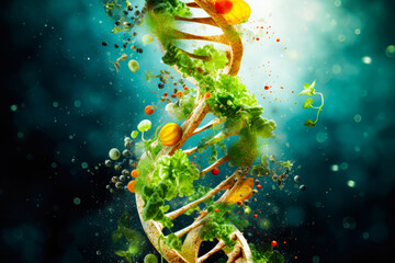 Helix DNA strand of GMO food. Genetically modified crop, biotechnology and agricultural engineering to fruit and vegetable.