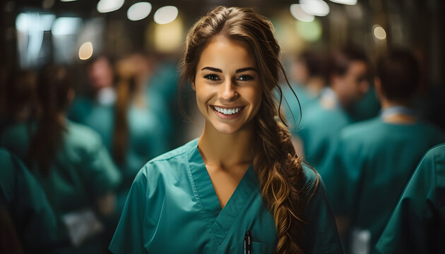 Intern Nurse In Scrubs Surrounded By Colleagues Smiling 