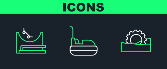 Set line Ferris wheel, Skate park and Bumper car icon. Vector