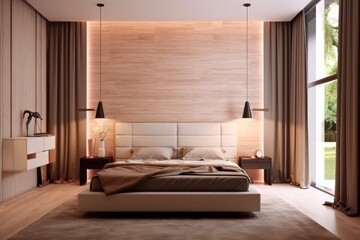 Stylish interior of contemporary bedroom with comfortable bed and luxurious finishings