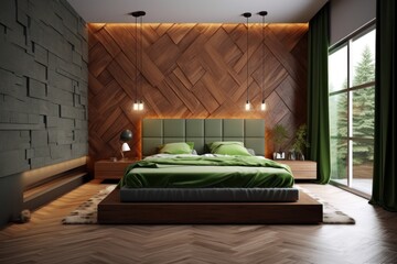 Stylish interior of contemporary bedroom with comfortable bed and luxurious finishings