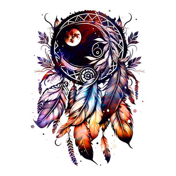 recommend clip art: Dream catcher, tribal style, crescent moon, full moon, feathers, isolated without background