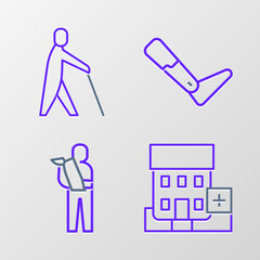 Set line Medical hospital building, Human broken arm, Prosthesis leg and Blind human holding stick icon. Vector