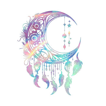 Dream catcher, tribal style, crescent moon, feathers, isolated without background
