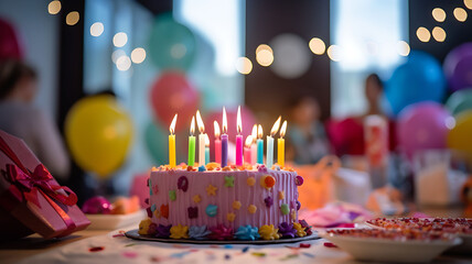 pink birthday cake with candles, birthday party for children, children having fun, colorful cake, rainbow, multicolored balloons and sparkles, chocolate, sugar and candies, candles, sweet dessert